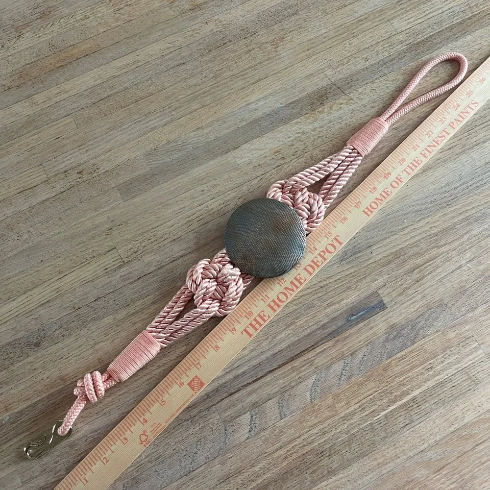Vintage Pink Satin Rope Belt Knotted Medallion Bronze Snakeskin Texture 25.5in